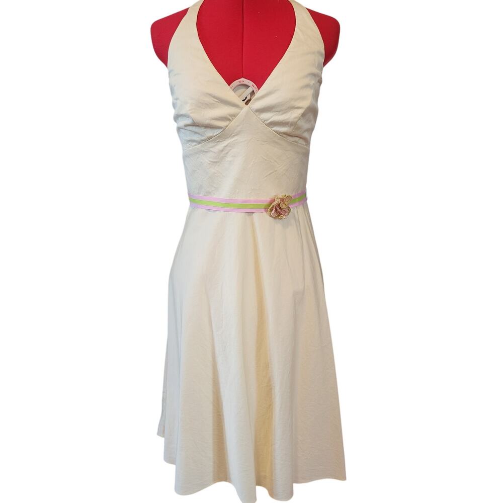 Sisters-Kathlin Argiro Soft Yellow Halter Belted Fit n Flare Summer Dress Size 8